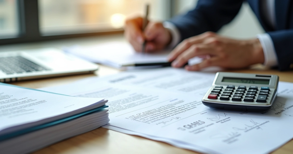 Documentos e papéis de contrato de financiamento em mesa de escritório 
