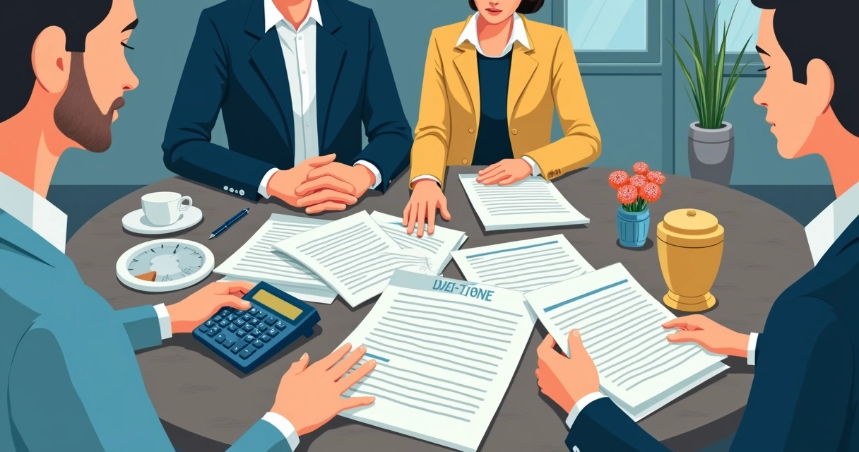 Mesa com papéis de contas funerárias, caneta, calculadora, flores e urna funerária