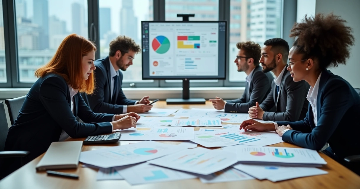 Equipe em reunião analisando relatórios de despesas operacionais 