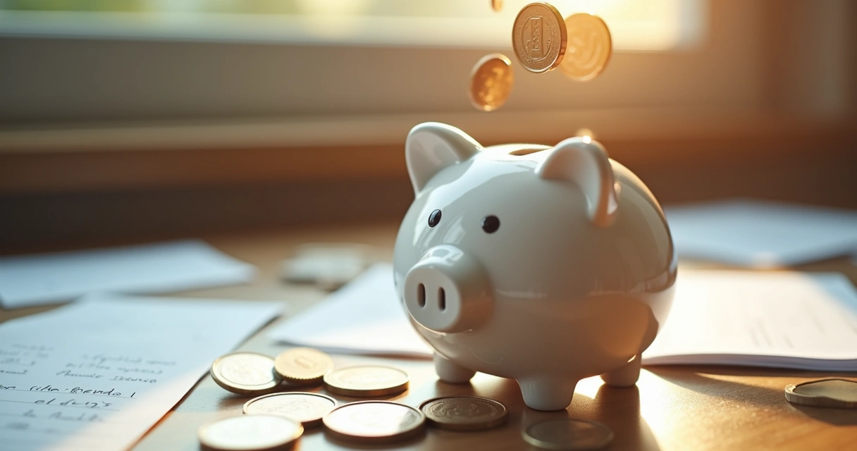 Cofrinho branco com moedas caindo e um fundo desfocado de contas e anotações financeiras 