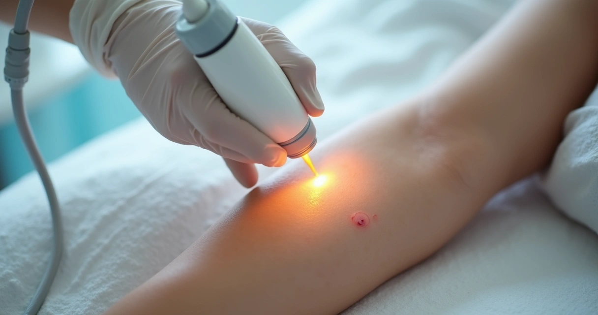 Paciente durante sessão de despigmentação a laser com área de pele sendo tratada. 