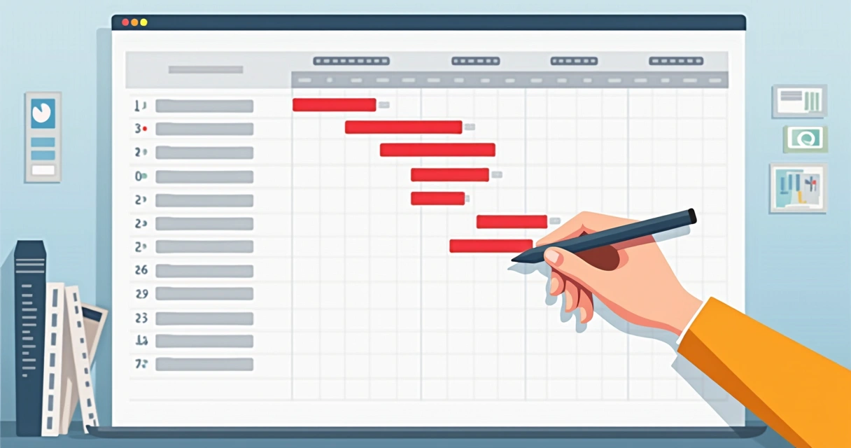Barras do caminho crítico em vermelho em gráfico de Gantt