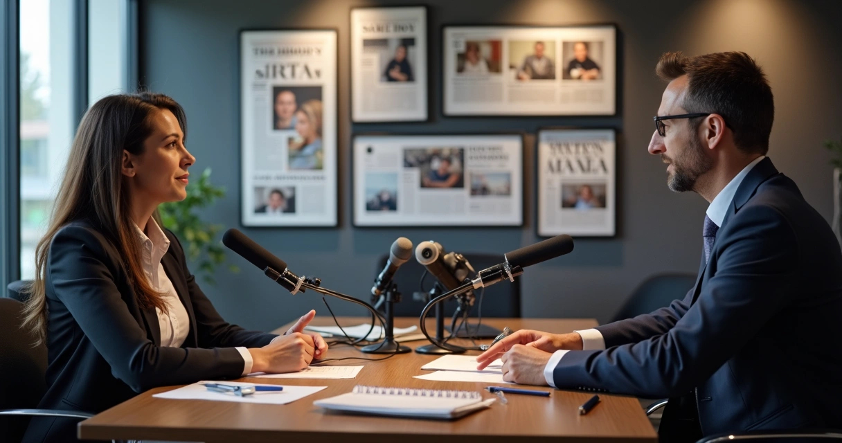 Jornalista entrevistando executivo em cenário corporativo