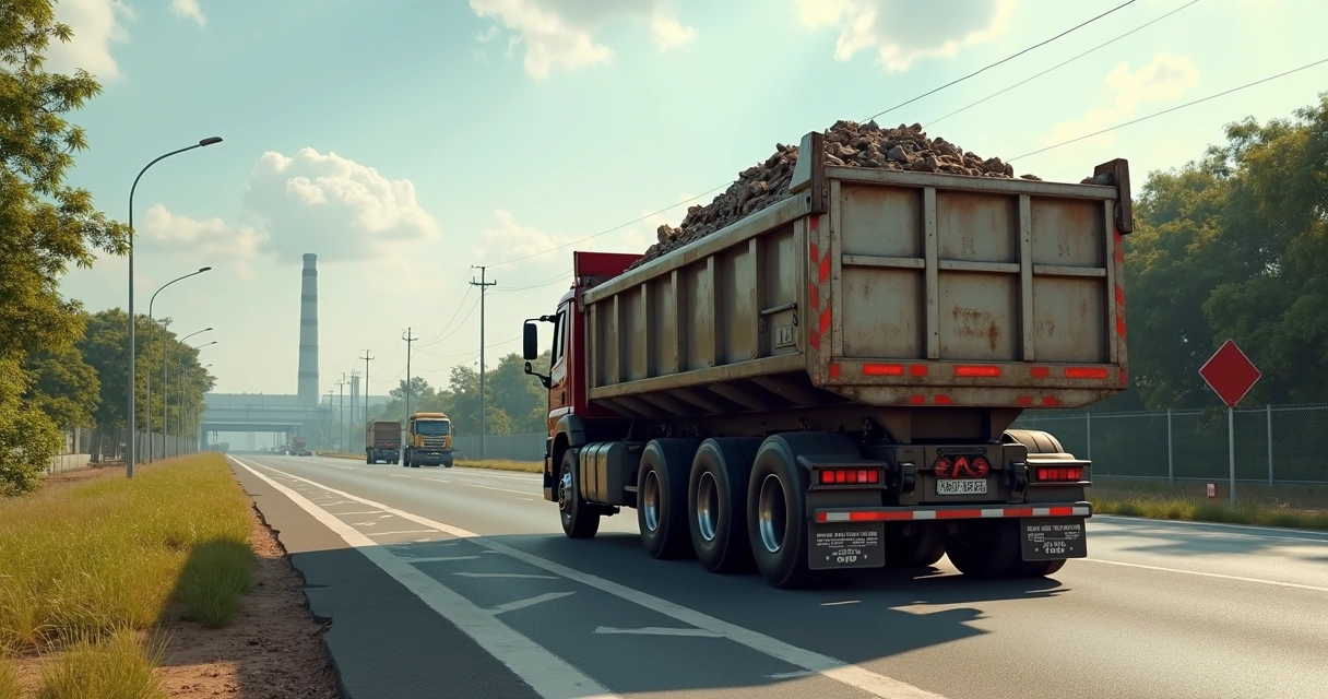 Caminhão transportando caçamba cheia para área de destinação em Brasília