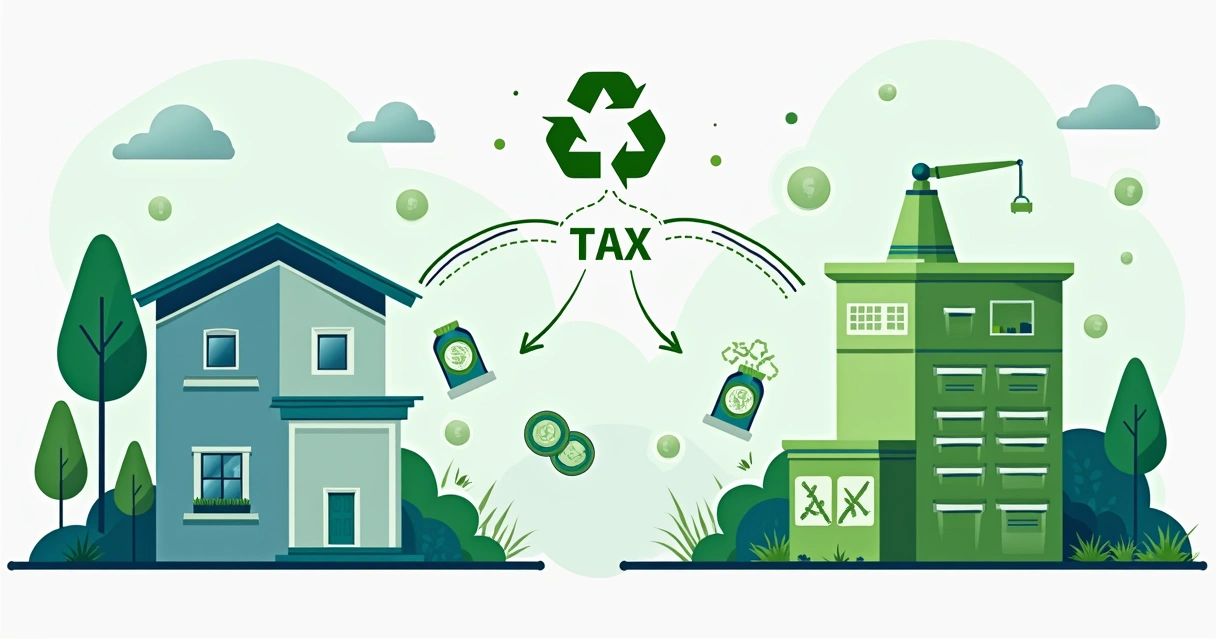 Gráfico ilustrativo de fluxo de destinação de imposto para reciclagem, com setas ligando empresa a projeto ambiental