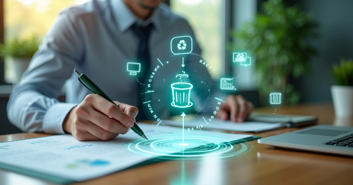 Empresário assinando documentos com gráficos de reciclagem e economia circular no fundo 