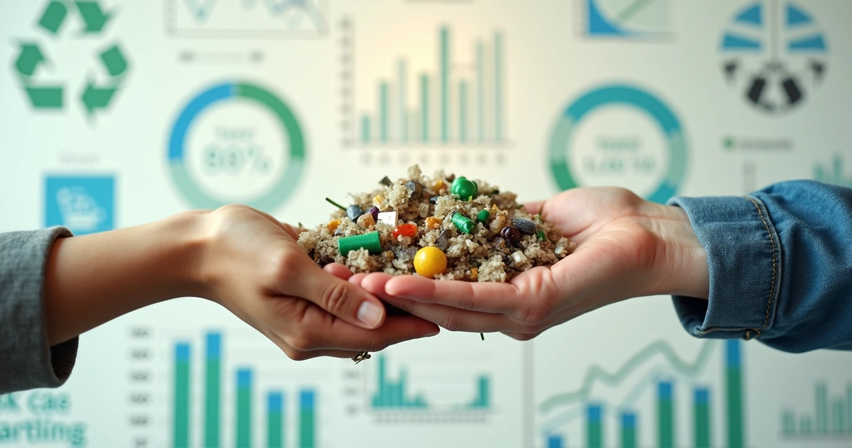 Mãos entregando uma mão cheia de resíduos recicláveis para outra, com fundos de gráficos e ícones representando economia circular, sustentabilidade e investimento empresarial 