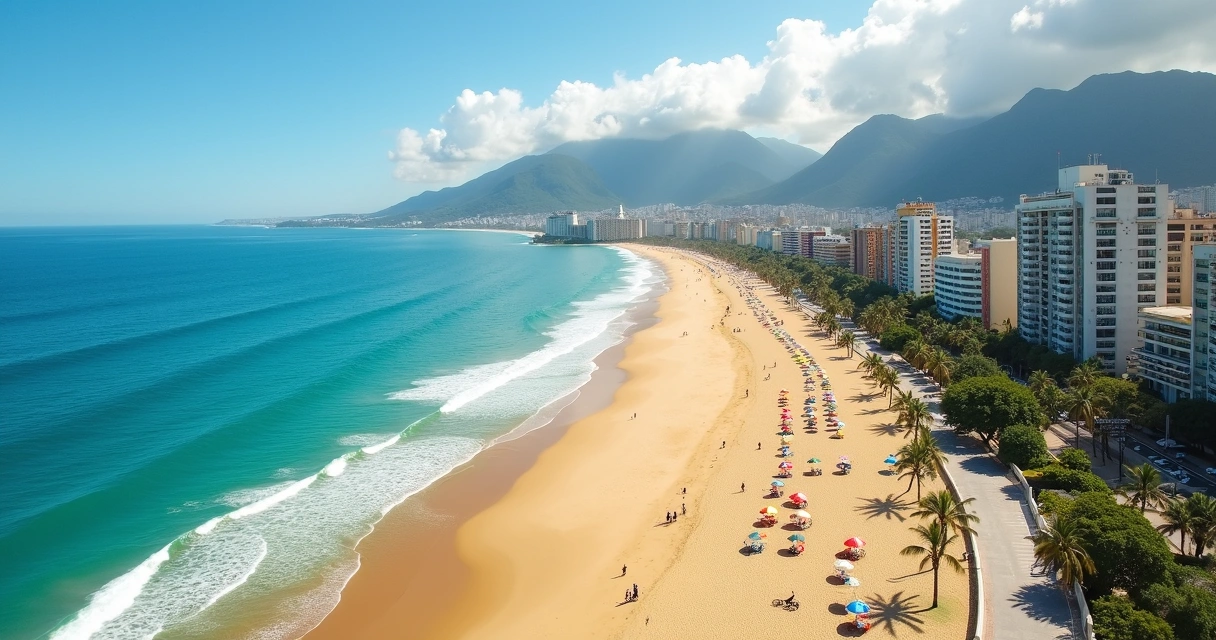 Vista aérea de praia urbana sul-americana com mar azul e cidade ao fundo 