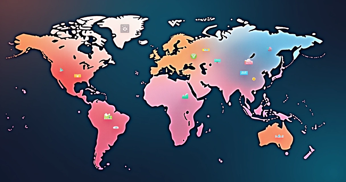 Mapa-múndi com destaque em cores vibrantes para destinos internacionais emergentes e elementos de tecnologia e sustentabilidade ao redor 