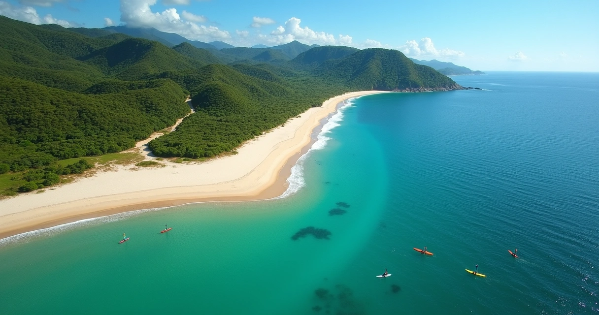 Vista aérea de praia preservada cercada por mata atlântica e montanhas ao fundo perto de São Paulo 