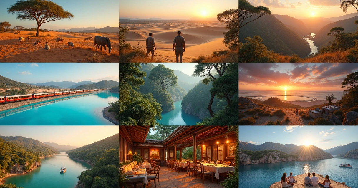 Montagem de nove cenários de viagens inesquecíveis incluindo safári africano, dunas dos Lençóis Maranhenses, trem clássico europeu, navegação no rio amazônico e cerimônias culturais maia 