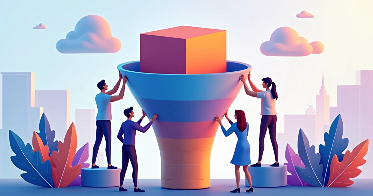 Representação visual de um funil com bloqueio sendo removido por equipe 