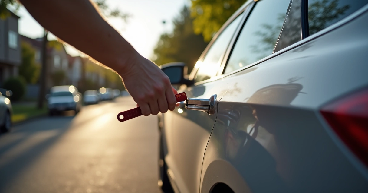 Pessoa destravando a porta de um carro com ferramentas finas perto de uma rua tranquila 