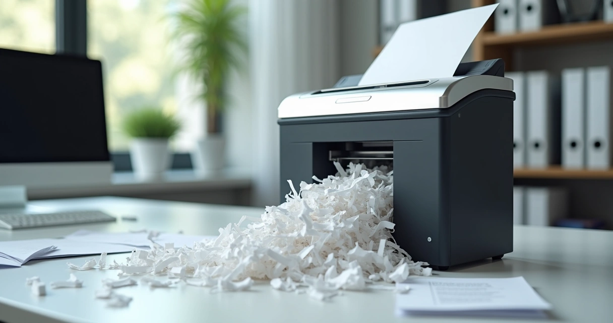 Mesa de escritório com documentos sendo destruídos em fragmentadora eletrônica, ambiente claro e organizado 