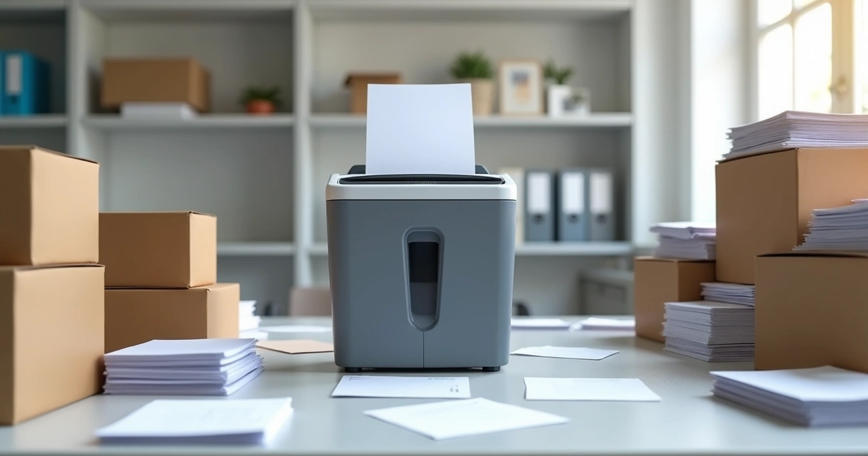 Destruidora de papel operando em ambiente de escritório com caixas organizadas ao redor 