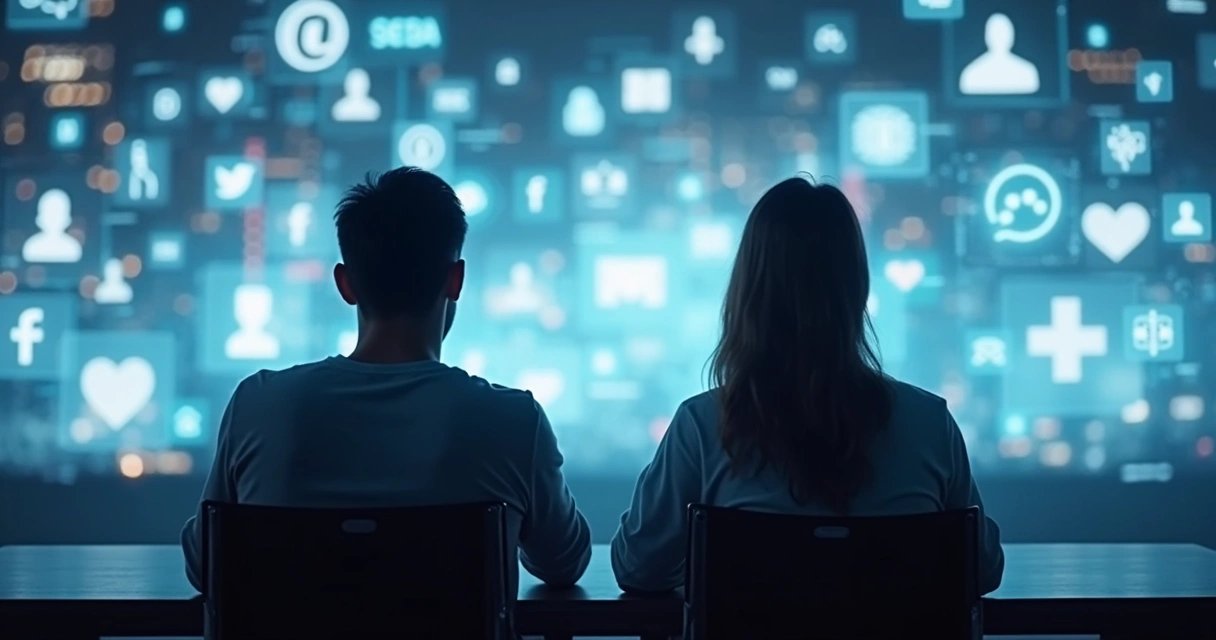 Duas pessoas de costas, olhando para telas, separadas por paredes digitais transparentes