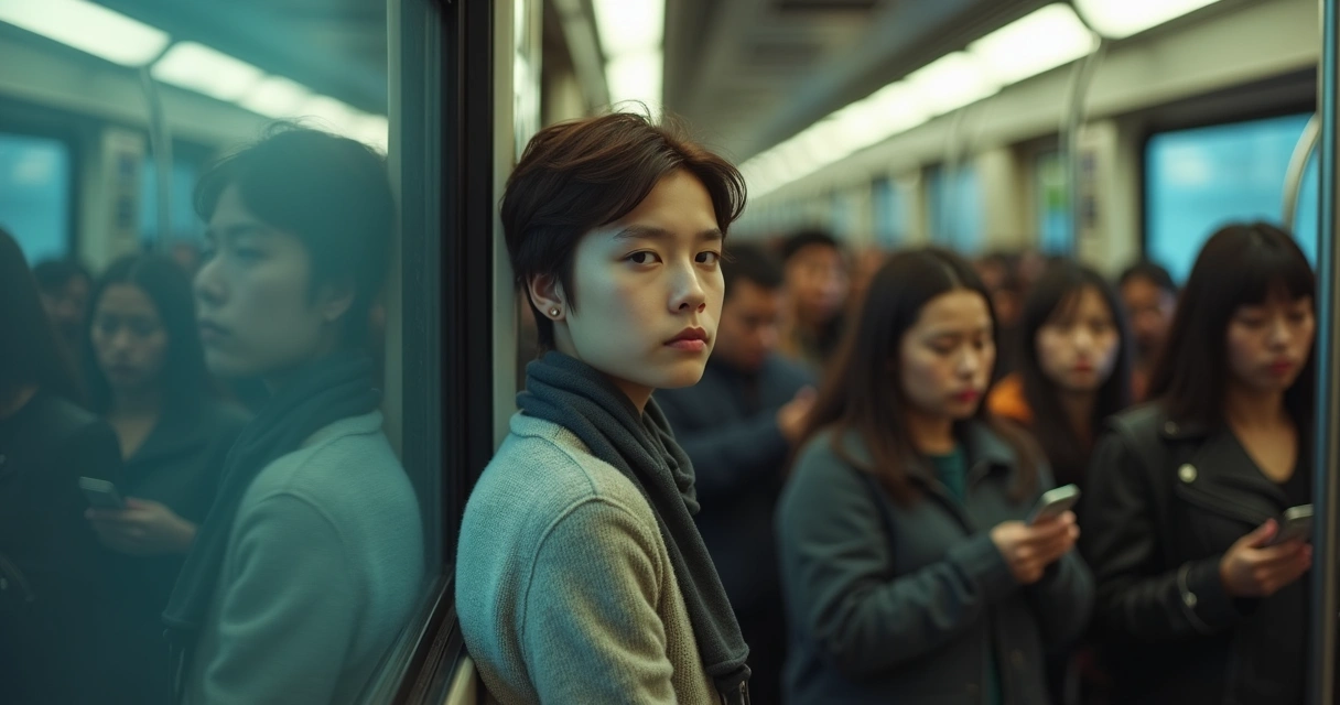 Pessoa em meio à multidão desfocada olhando pela janela de um metrô 