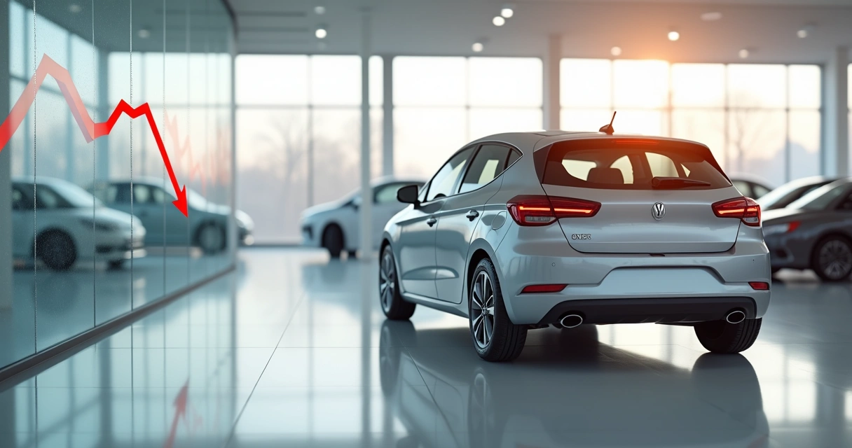 Carro seminovo em concessionária com gráfico de queda de preço ao fundo 