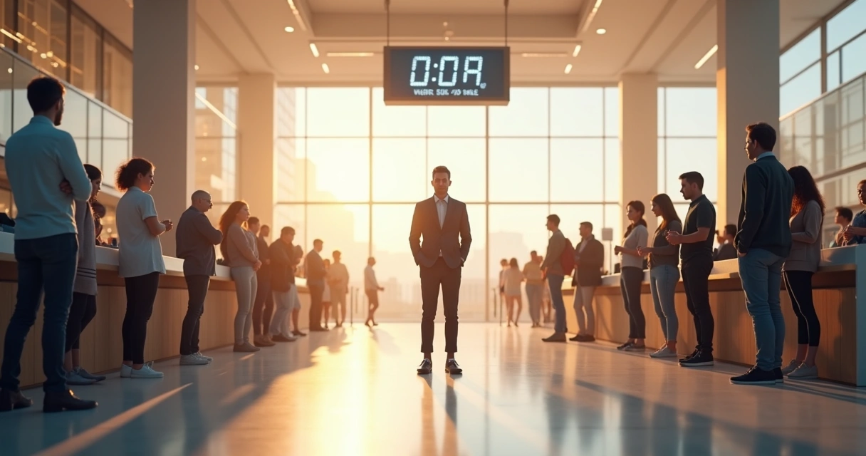 Person standing in a long line, remaining calm while others show visible frustration 