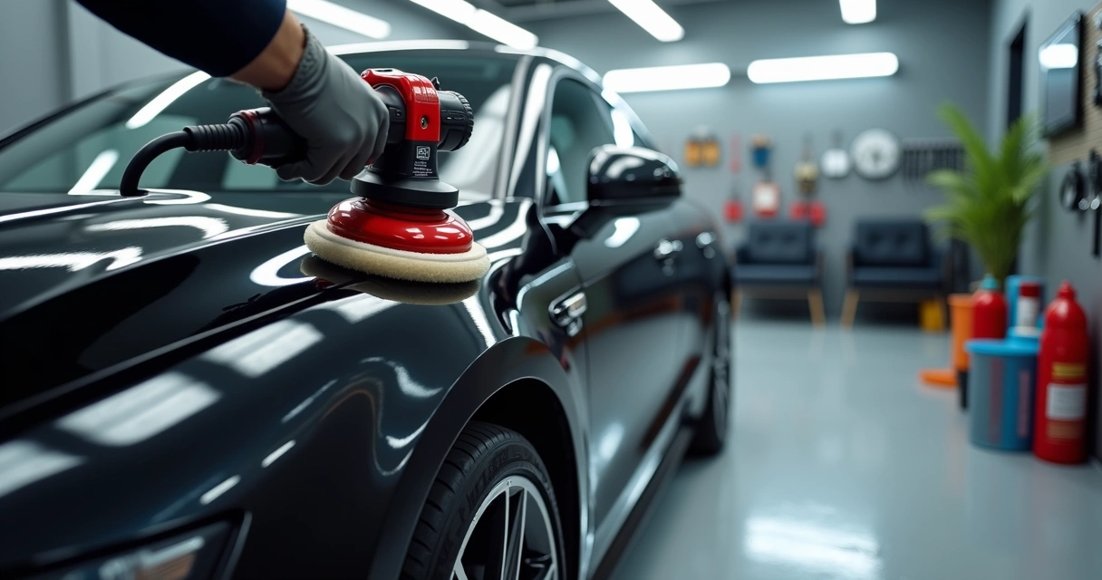 Carro preto sendo polido com politriz rotativa em oficina profissional limpa e iluminada 
