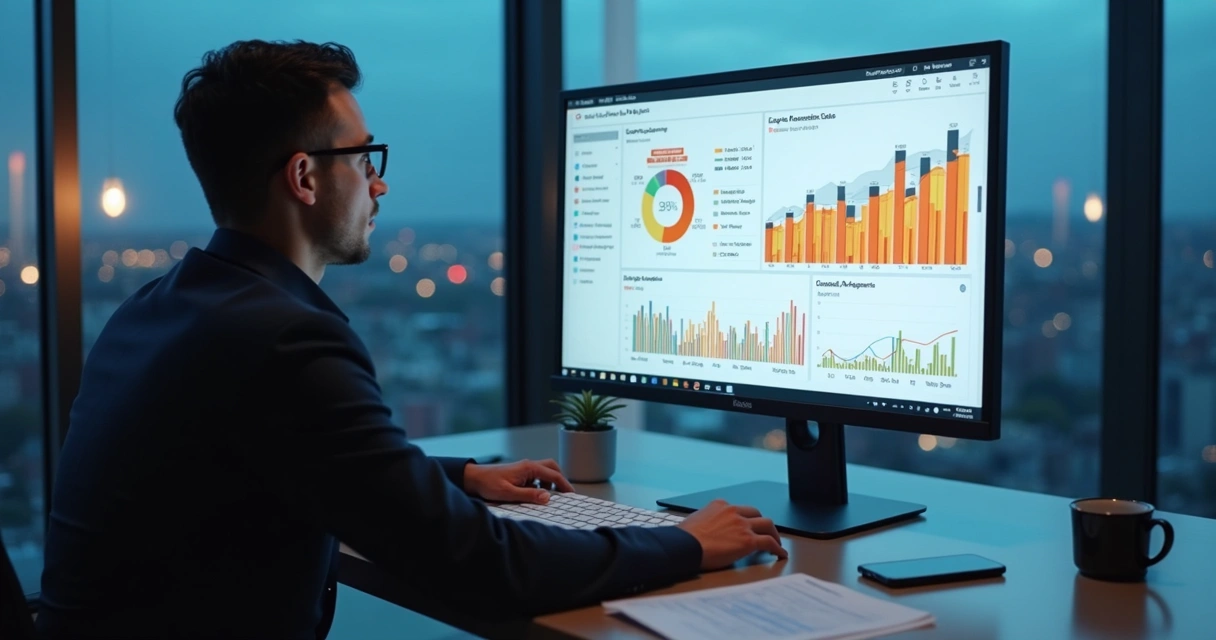 Gestor analisando painel de custos de nuvem em computador moderno