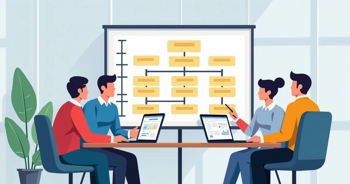 Equipe reunida detalhando a EAP em um quadro e no computador