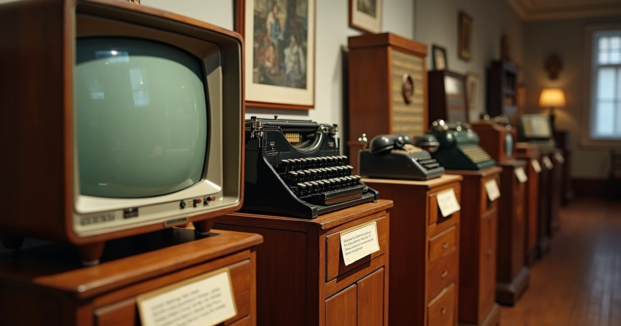 Detalhe do acervo do Museu Pedro Ludovico com televisão antiga, vitrola, telefone de disco e rádio 