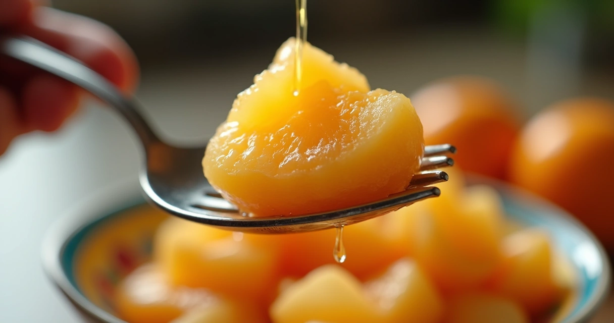 Garfo levanta pedaço de fruta fresca, textura em destaque
