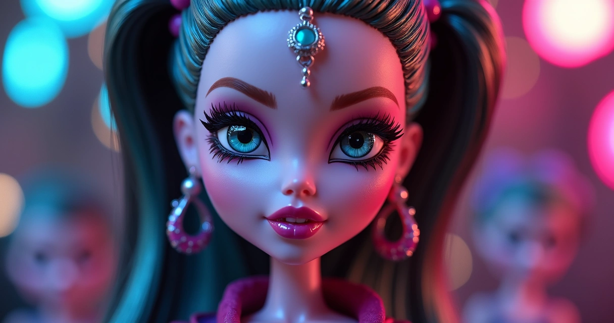 Detalhe fotográfico do rosto e acessórios de uma boneca Monster High 