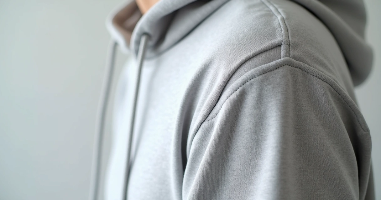 Detalhe em close da costura e do tecido leve de uma camiseta com capuz cinza claro.
