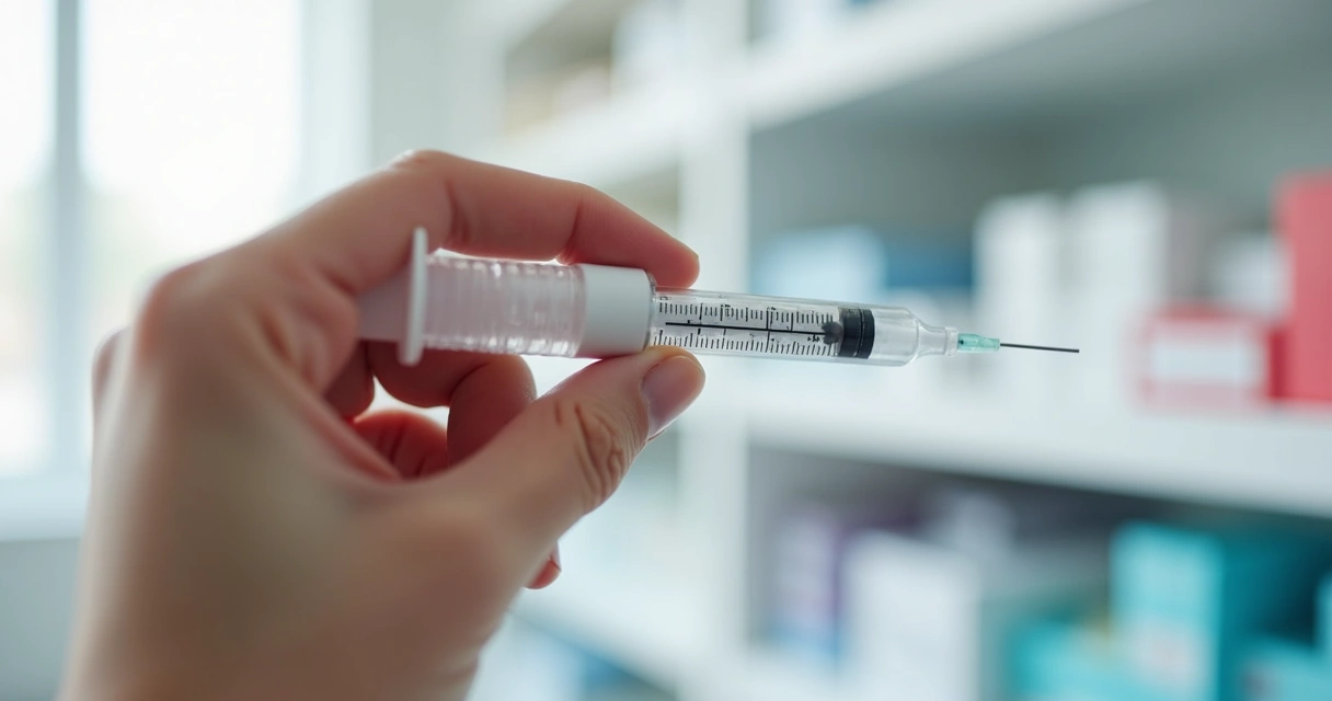 Detalhe de uma caneta emagrecedora em mãos com fundo branco. 