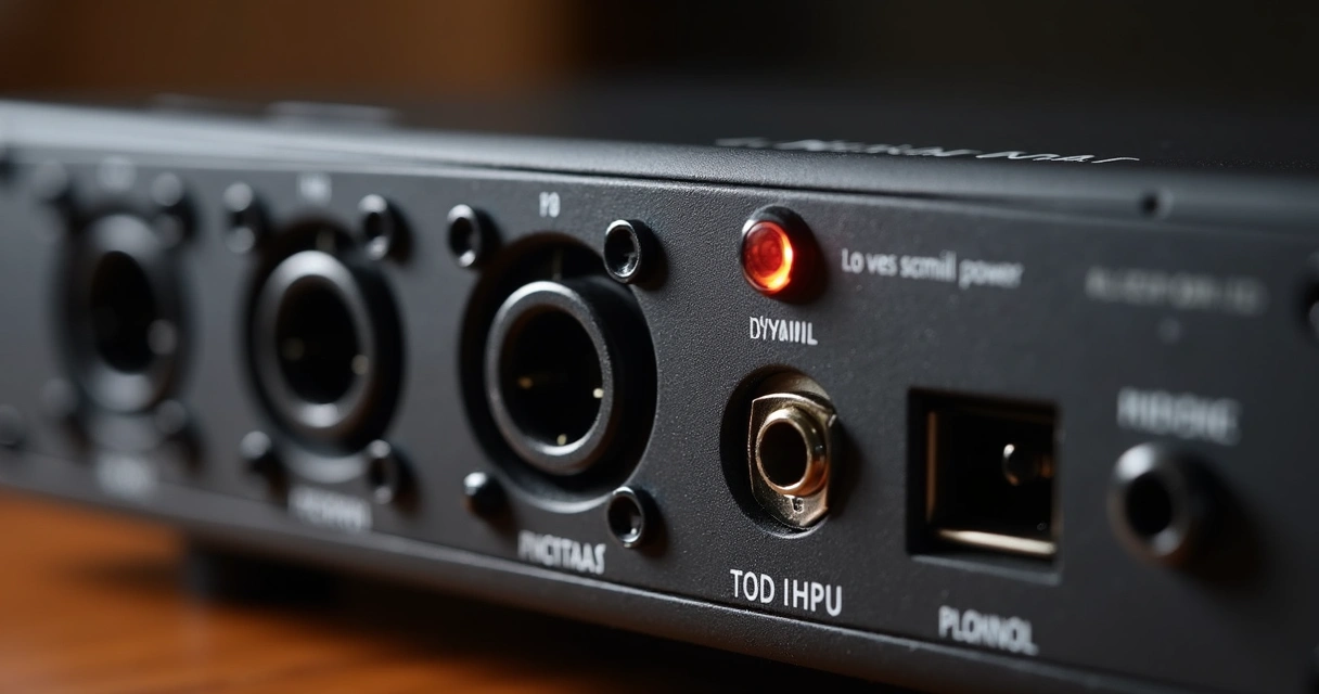 Conectores XLR, P10 e USB em interface de áudio 