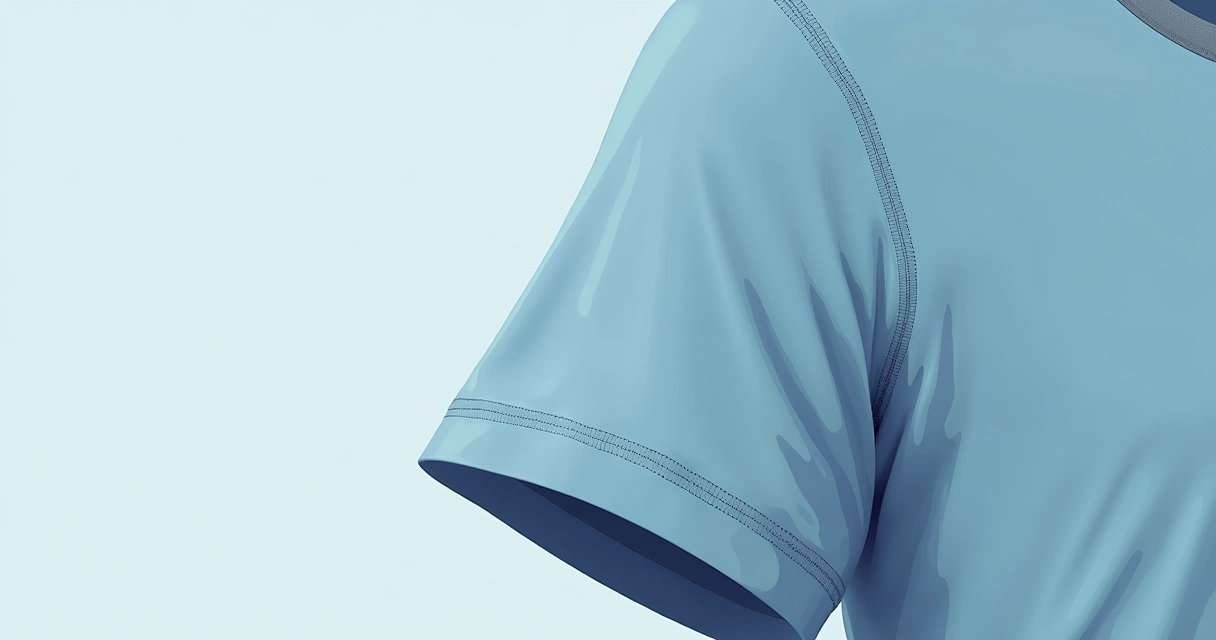 Close-up de costura plana em camiseta de viscolycra vista lateralmente, mostrando o acabamento limpo