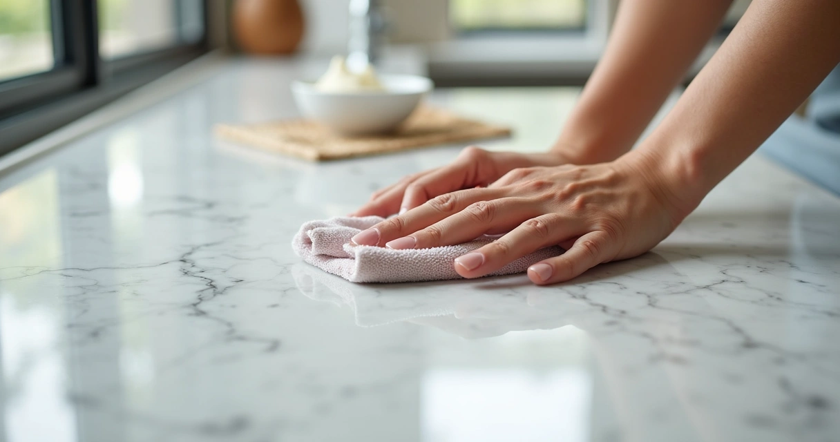Detalhe de mãos limpando bancada de mármore com pano úmido. 