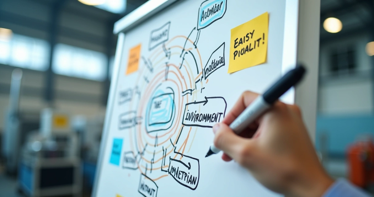 Detalhe colorido das categorias de causas em um Diagrama de Ishikawa desenhado à mão 