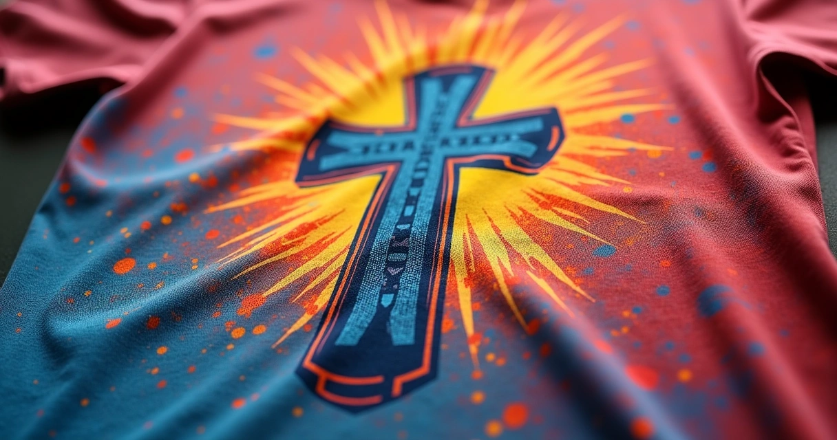 Detalhe de estampa colorida em camiseta personalizada para igreja com entrega rápida – camisetasem12h.com.br