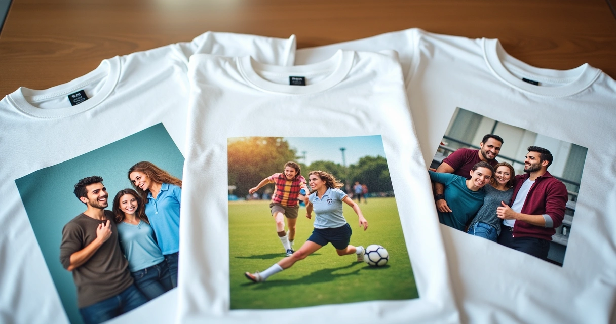 Detalhes de estampas fotográficas em camisetas brancas, mostrando diferentes técnicas