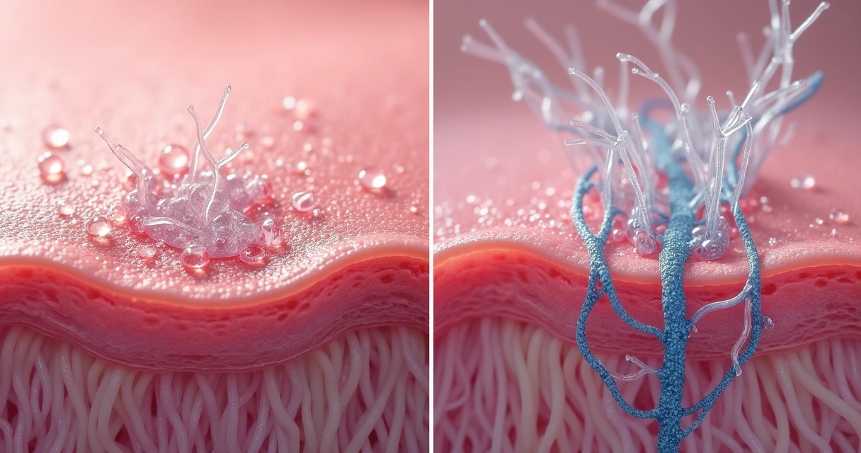 Detalhe microscópico comparando fibras de colágeno antes e depois do laser 