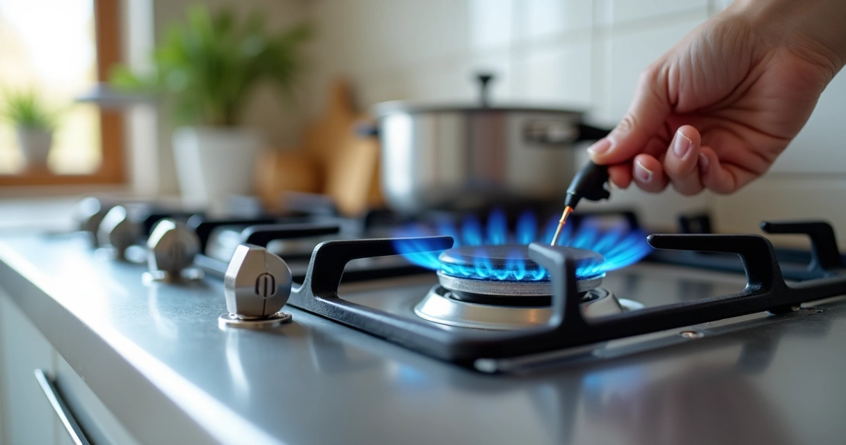 Detalhe de fogão Electrolux com acendimento acionado e chama azul forte no queimador 