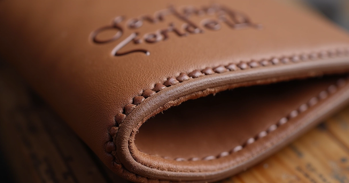 Detalhe ampliado de uma costura em produto de couro 