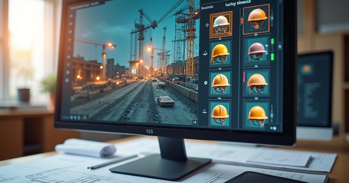 Detalhe de tela de computador com software de detecção automática analisando imagem de obra