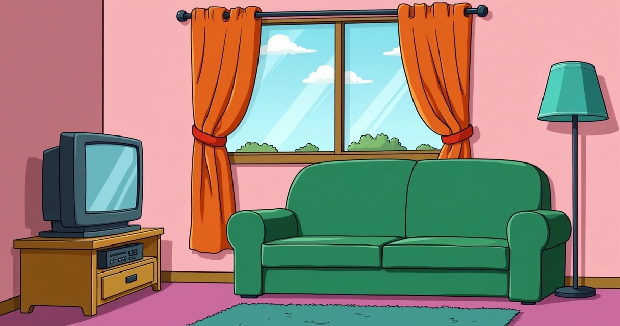 Themed interior of the Simpsons' house with colorful furniture 