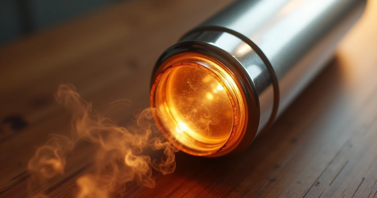 Ampola de vidro vista de perto, com foco no brilho e transparência dentro de uma garrafa térmica aberta 