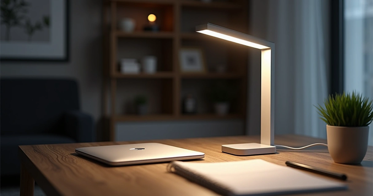 Luminária LED de escritório sobre mesa com caixa e computador 