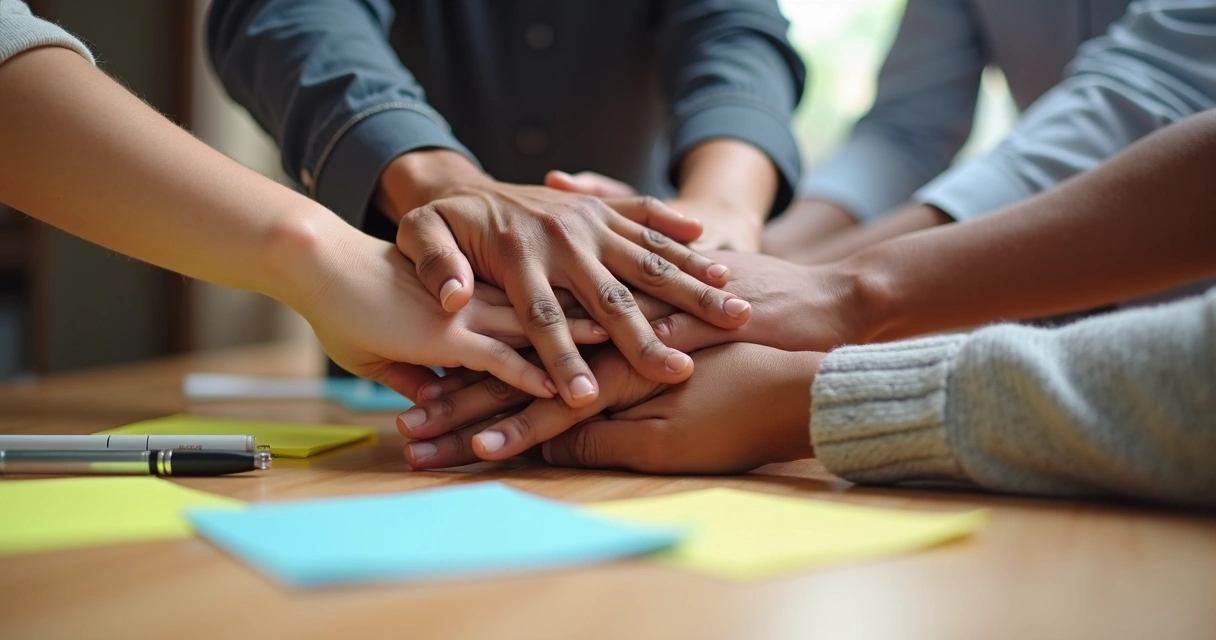 Detalhe de várias mãos sobrepostas de pessoas de um time. 