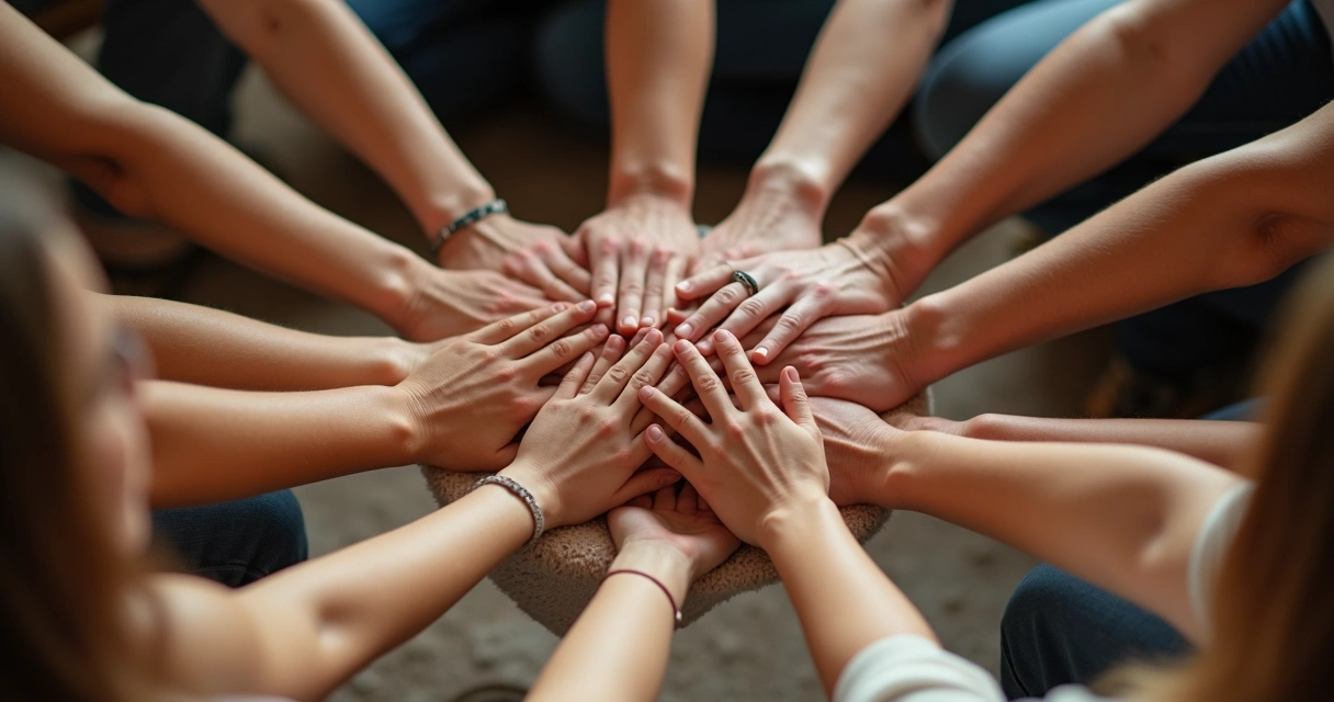 Mãos de várias pessoas unidas no centro de um círculo