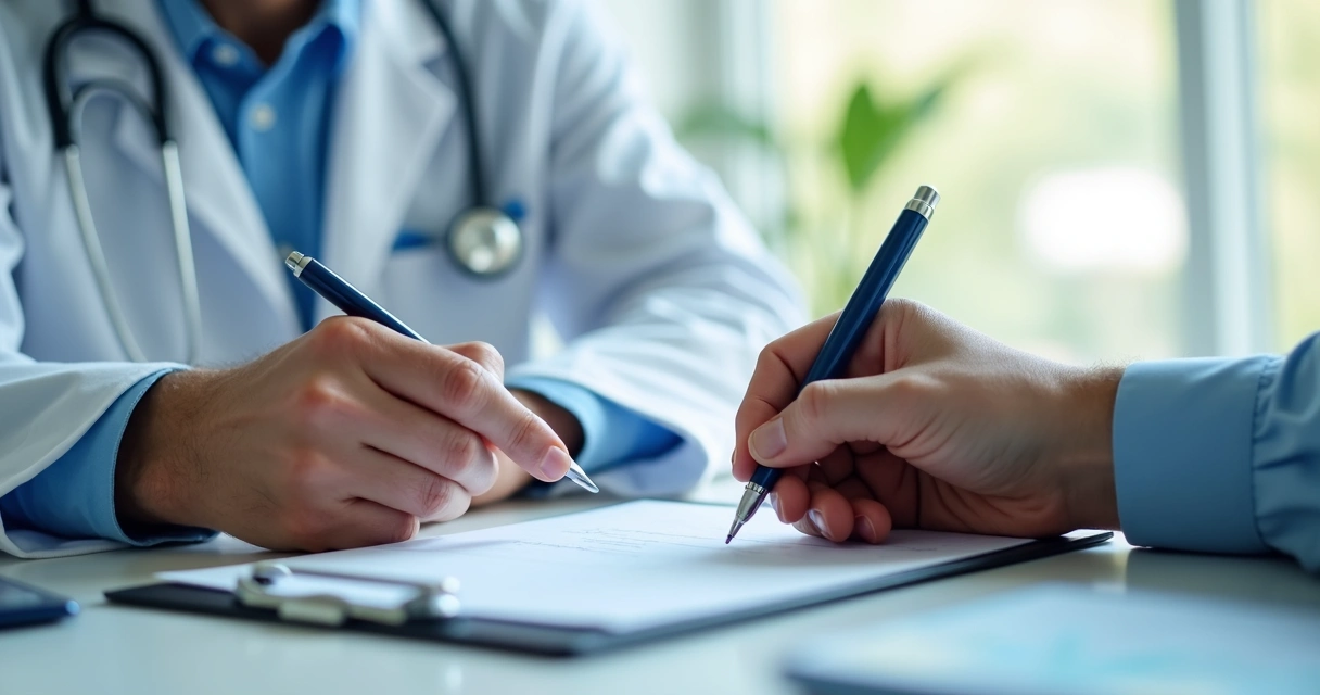 Mãos de médico e paciente durante conversa sobre sintomas em consultório 