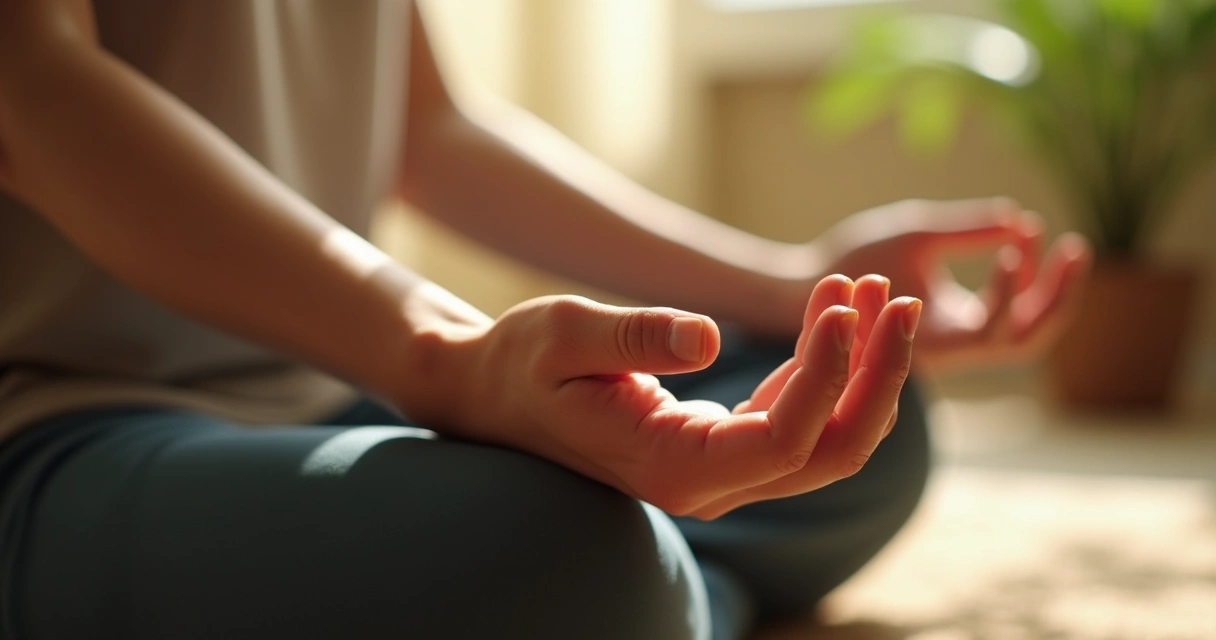 Mãos apoiadas sobre joelhos em posição de meditação com luz suave ao redor 