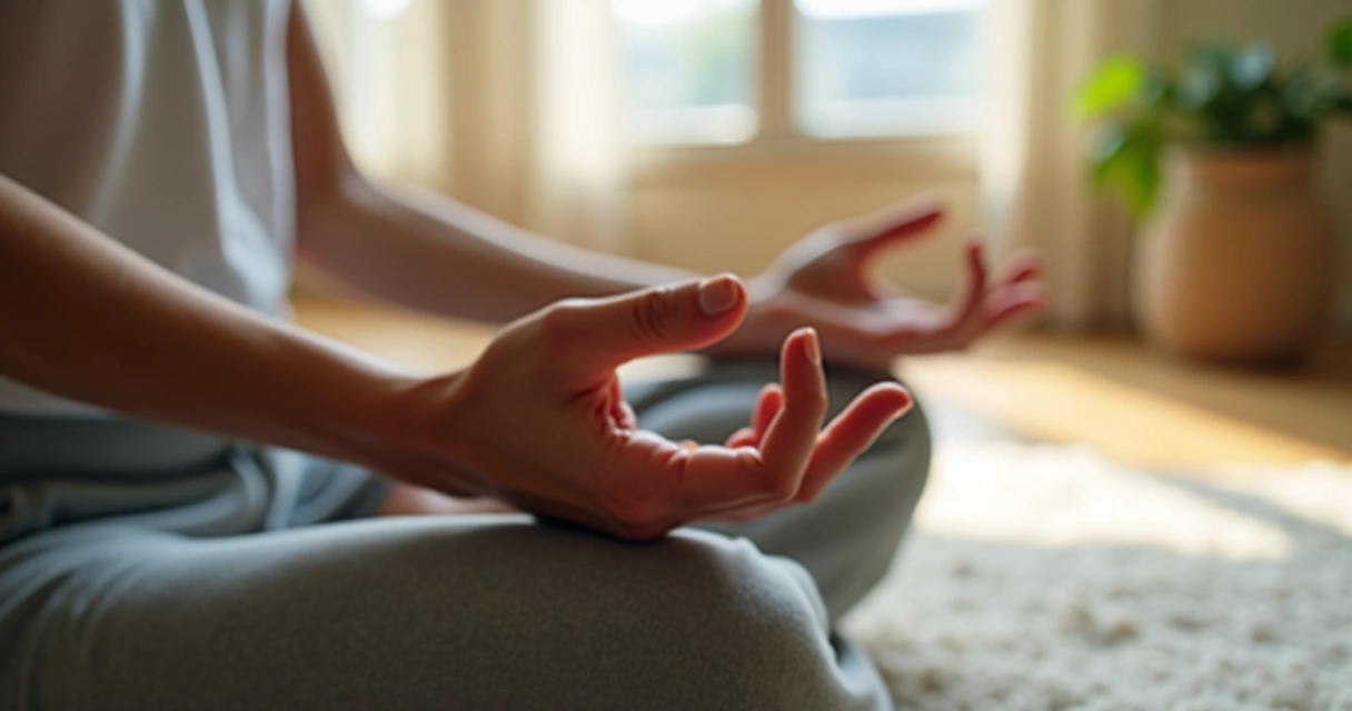 Detalhe de mãos em posição de meditação em uma sala tranquila