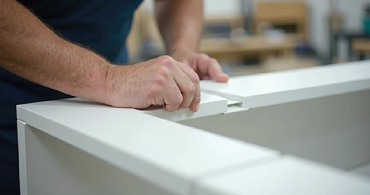 Detalhe de montagem de móvel planejado com acabamento em laca branca fosca.
